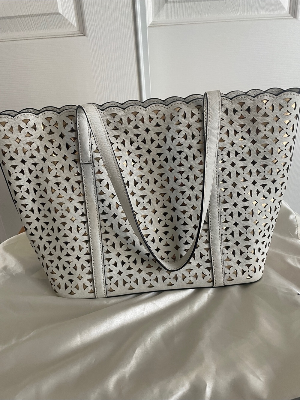 Michael Kors White Laser-Cut Tote with Gold Underlay